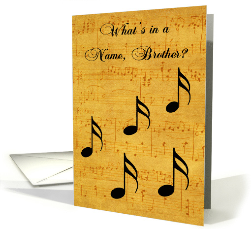 Name Day to Brother, black musical notes on vintage sheet music card