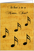 Name Day to Son with Black Musical Notes on a Sheet of Vintage Music card