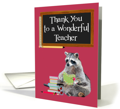 Thank You to Teacher, Raccoon Holding A Book, jar of lady bugs card
