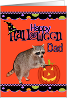 Halloween to Dad, Raccoon leaning on jack-o-lantern, orange, black card