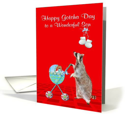 Gotcha Day or Adoption Anniversary to Son with a Raccoon and Baby card