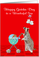 Gotcha Day or Adoption Anniversary to Son with a Raccoon and Baby card