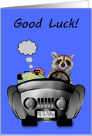 Off to College Good Luck Card with a Smiling Raccoon Driving a Car card