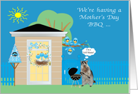Invitations, Mother’s Day Barbecue, Raccoon grilling, birds on blue card