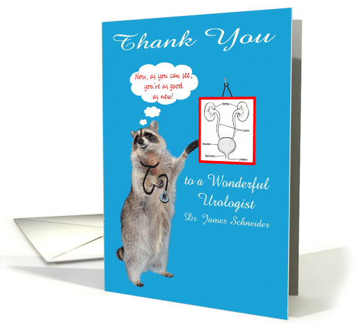 Thank You To Urologist, custom name, raccoon wearing stethoscope card