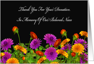 Thank You For Memorial Donation For Our Niece card