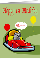 1st Birthday, Raccoon Driving A Bumper Car card