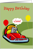 Birthday, general, an adorable raccoon driving a red bumper car card