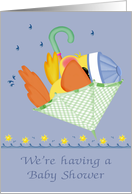 Invitations, Baby Shower, It’s A Boy, baby duck in a umbrella on blue card