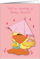Invitations, Baby Shower, It’s A Girl, baby duck with umbrella on pink card