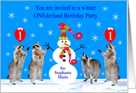 Invitations, Birthday Party, custom name, Winter ONEderland, raccoons card