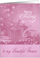Christmas to Fiancee, Presents, Bows, Ornaments, Snowflakes on Pink card