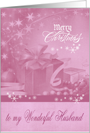 Christmas to Husband, Presents, Bows, Ornaments, Snowflakes on Pink card