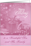 Christmas to Son and Family, Presents, Bows, Ornaments, Snowflakes card