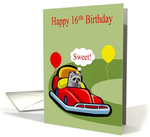 16th Birthday Card with a Raccoon Driving a Red Bumper Car card