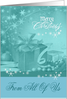 Christmas from All Of Us, presents, snowflakes, bows, ornaments card