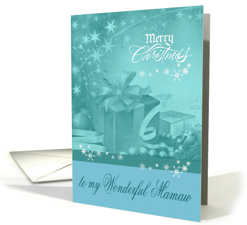 Christmas to Mamaw, presents, snowflakes, bows, ornaments on blue card