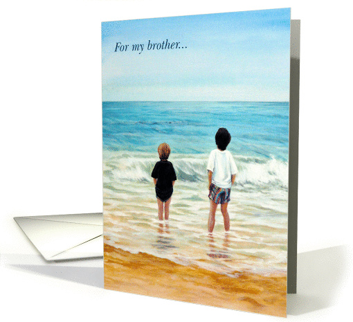 Brothers birthday- 2 boys waiting for a wave on the beach card