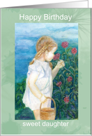 Daughter’s Birthday, Little Girl with Chosen Bloom, Young Girl Smelling Flowers, Braids and Pinafore card