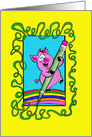 General Hello with a Cartoon Pink Pig Holding Green Pencil on Rainbow card