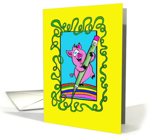 General Hello with a Cartoon Pink Pig Holding Green... (1511784)