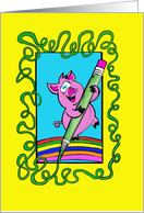 General Hello with a Cartoon Pink Pig Holding Green Pencil on Rainbow card