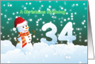 34th Birthday on Christmas - Snowman and Snow card