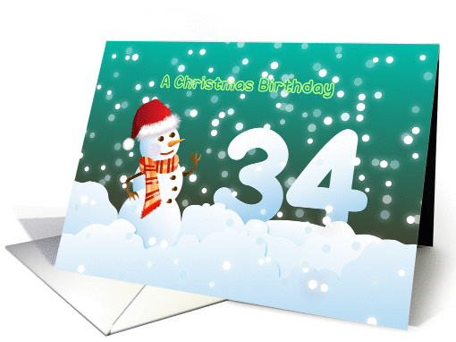 34th Birthday on Christmas - Snowman and Snow card (894775)