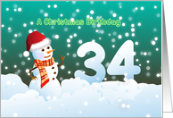 34th Birthday on Christmas - Snowman and Snow card