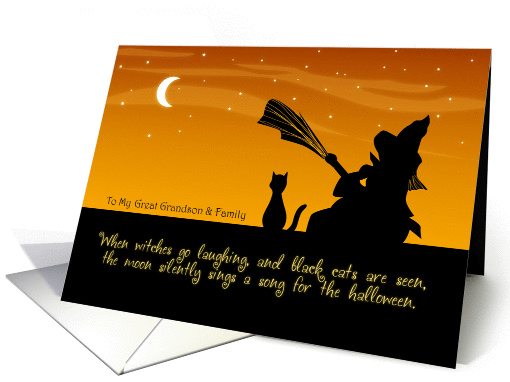To My Great Grandson & Family on Halloween - Witch and Cat card