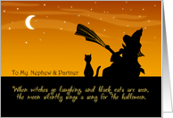 To My Nephew and Partner on Halloween - Witch and Cat card