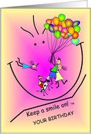 Birthday in the sky, kids, dog & balloons card