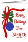 Happy Holidays From All Of Us (Christmas Ornament Red Ribbon Oak) card