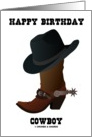 Happy Birthday Cowboy (Cowboy Hat Boot With Larkspur) card