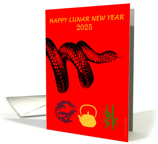 Happy Lunar New Year 2025 Snake Bonsai Tree Kettle Bamboo card