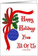Happy Holidays From All Of Us (Christmas Ornament Red Ribbon Oak) card