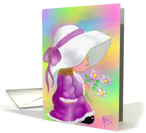 Birthday-Girl in Lavander dress & hat-lavender flowers-humor card