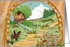 Stone archway,house,chickens,country scene,landscape card