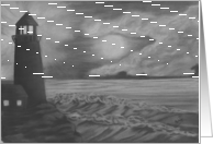 Lighthouse,full moon, water scene, white / black charcoal card