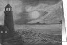 Lighthouse,full moon, water scene, white / black charcoal card