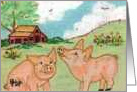 2 Pigs, farm, flowers, barn, outside, nature, landscape, blank note cards