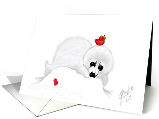 White seal, 2 red birds, snow, nature, note card (645735)