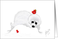 White seal, 2 red birds, snow, nature, note card