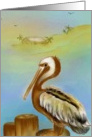 Pelican, seascape, palm trees, hut, nature,note card