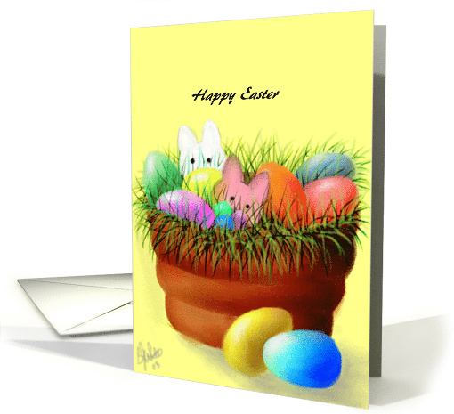 Easter, Eggs and Bunnies in clay pot card (795124)