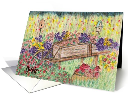 Wheelbarrow of Flowers, Birdhouses, Note card (826897)