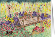 Wheelbarrow of Flowers, Birdhouses, Note card