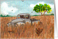 Old Truck in Field, Chickens note card
