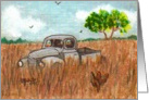 Old Truck in Field, Chickens note card