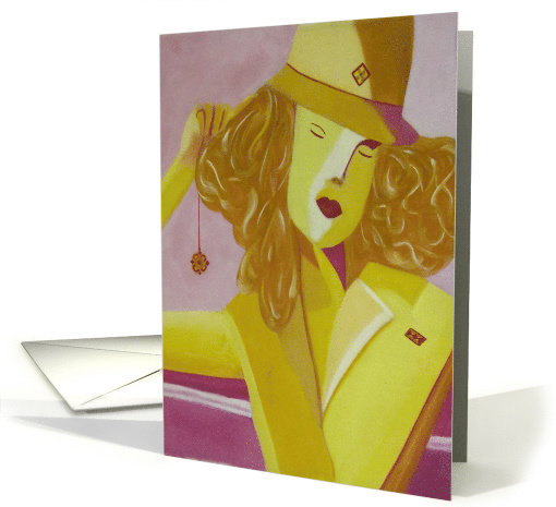 Woman in yellow hat, illustration card (602906)